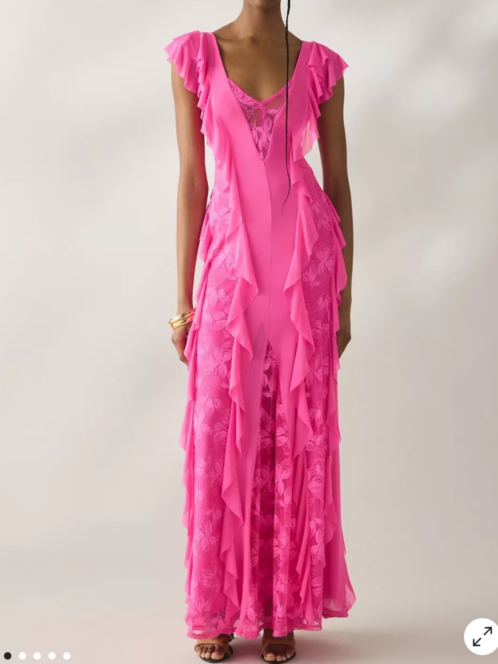 AFRM Trista Brilliant Pink Cascading Ruffle Lace Maxi Dress